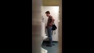 College Guy Flashing and Stroking Meaty Cock at Urinal