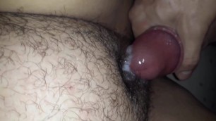 Cum on Hairy Pussy of my Wife