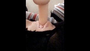 Teen in Ripped Pantyhose Fucking her Tight Bald Pussy with Dildo