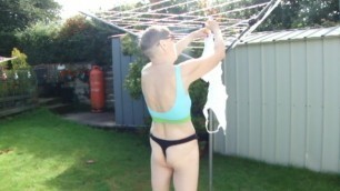 Hanging my Knickers outside to Dry in Black Thong and Blue Sexy Sports Bra