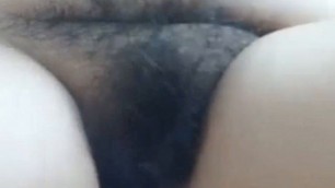 Mature girlfriend of my stepmom stretches her thick hairy pussy close-up, amateur